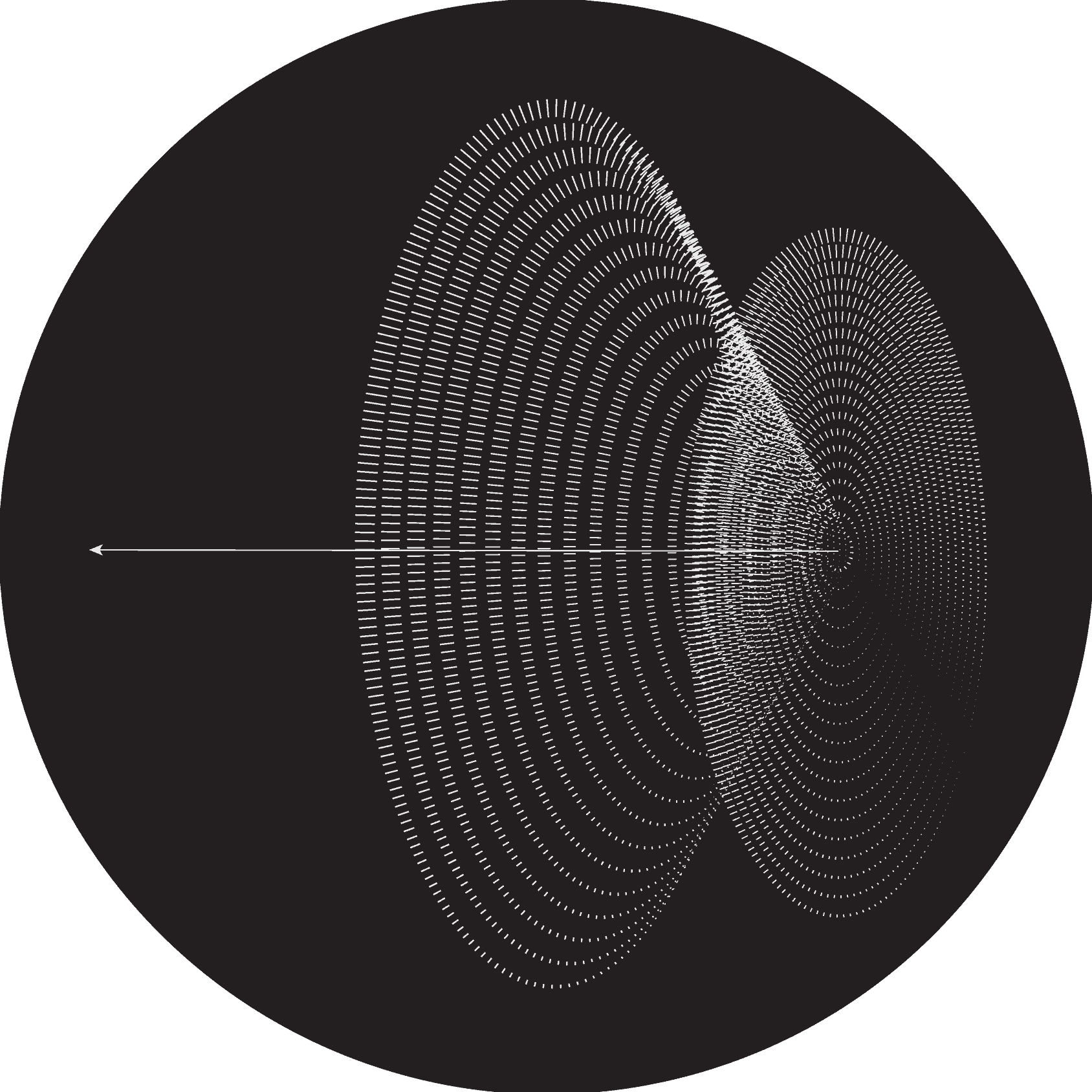 A clock with concentric rings skewed to look like a 3D cone, like sound waves. An arrow shoots through the left.