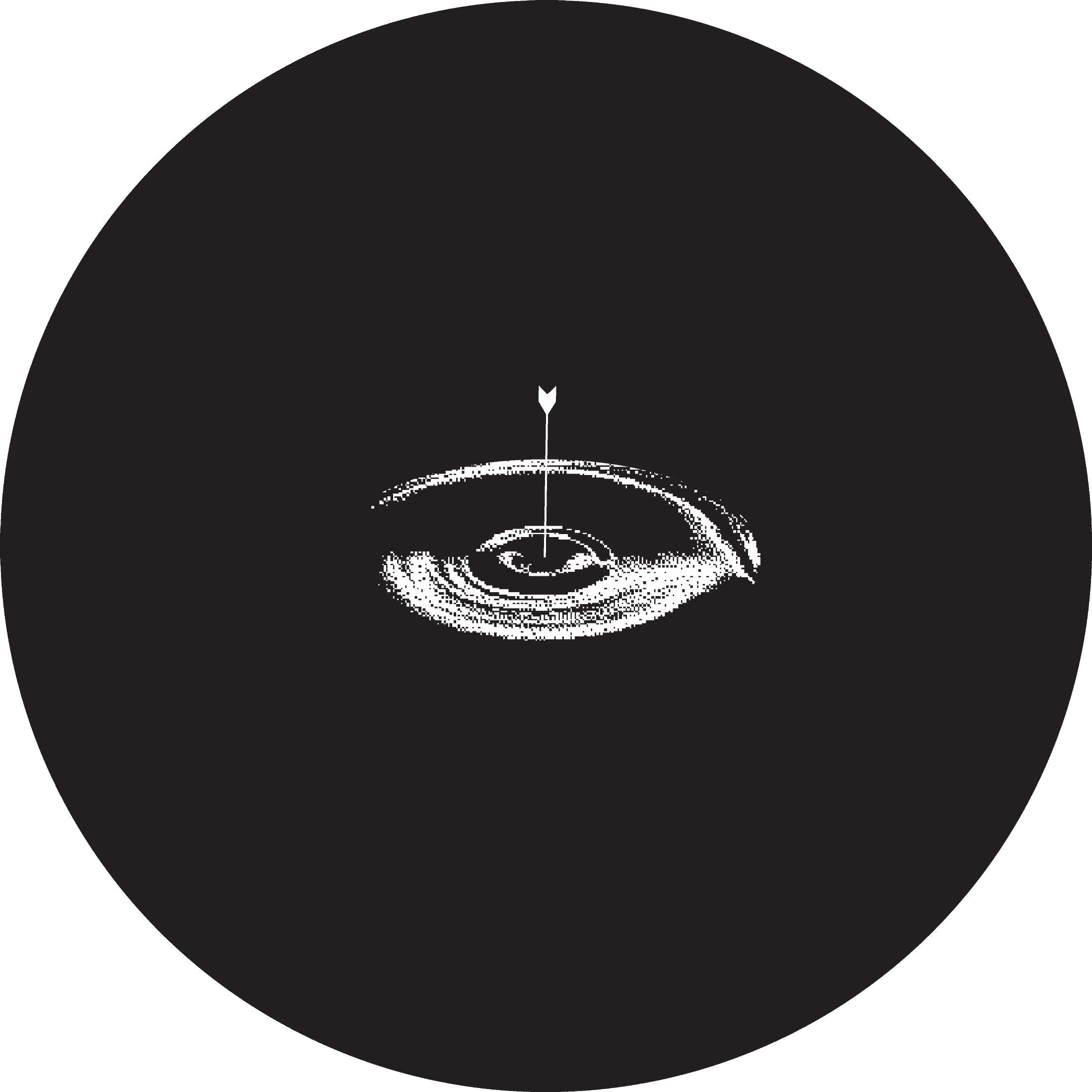 A clock face with an arrow falling into a black background, creating a ripple at the center.
