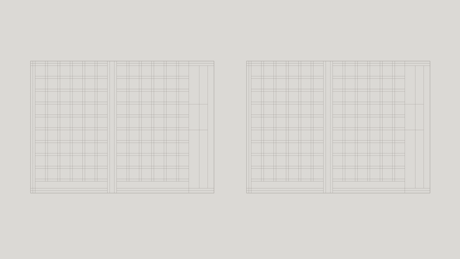 Underlying page grid animation featuring thing black lines showing layout templates on a beige background